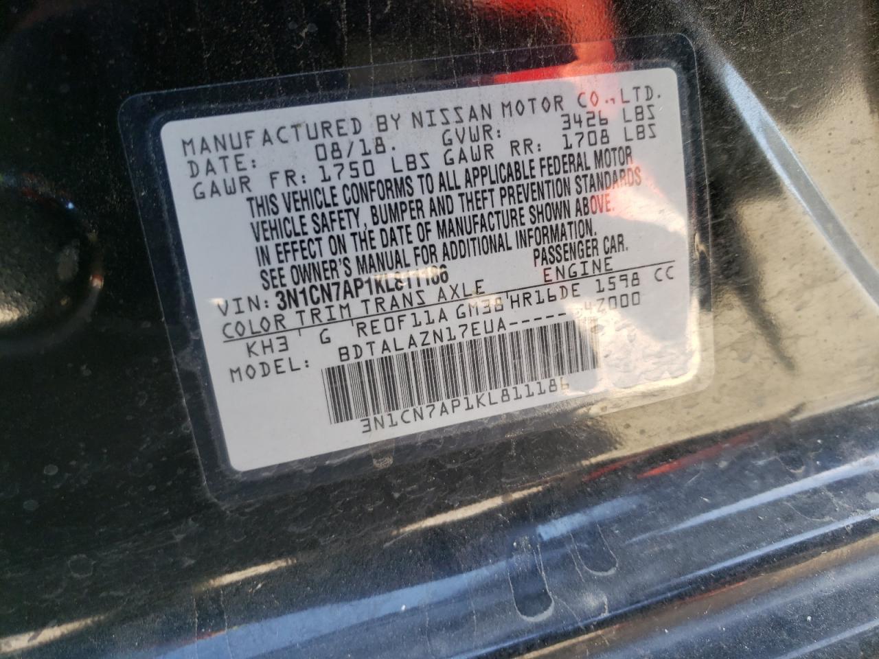 Photo 10 from auction – 2019 NISSAN VERSA S with VIN 3N1CN7AP1KL811186