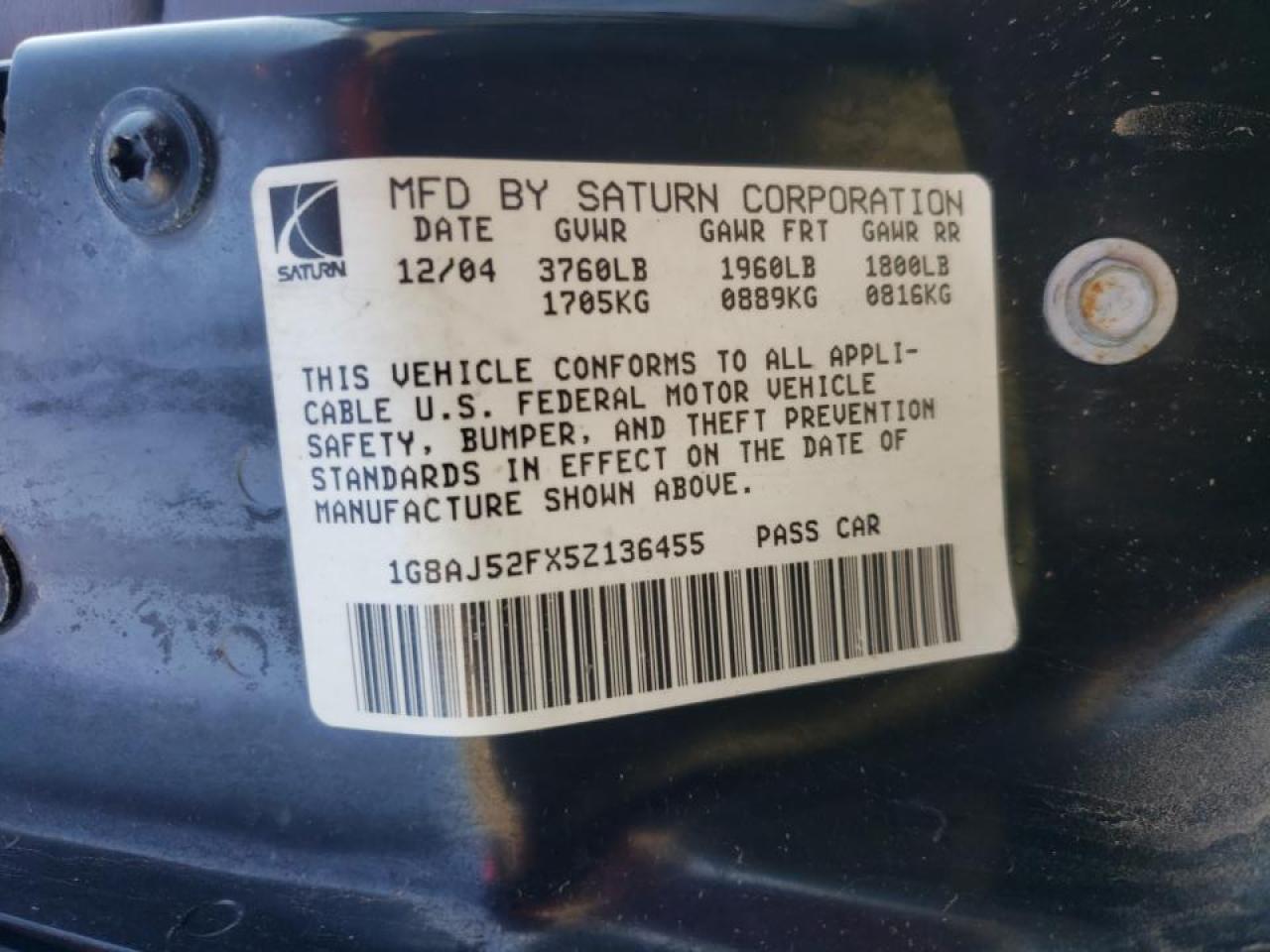 Photo 10 from auction – 2005 SATURN ION with VIN 1G8AJ52FX5Z136455
