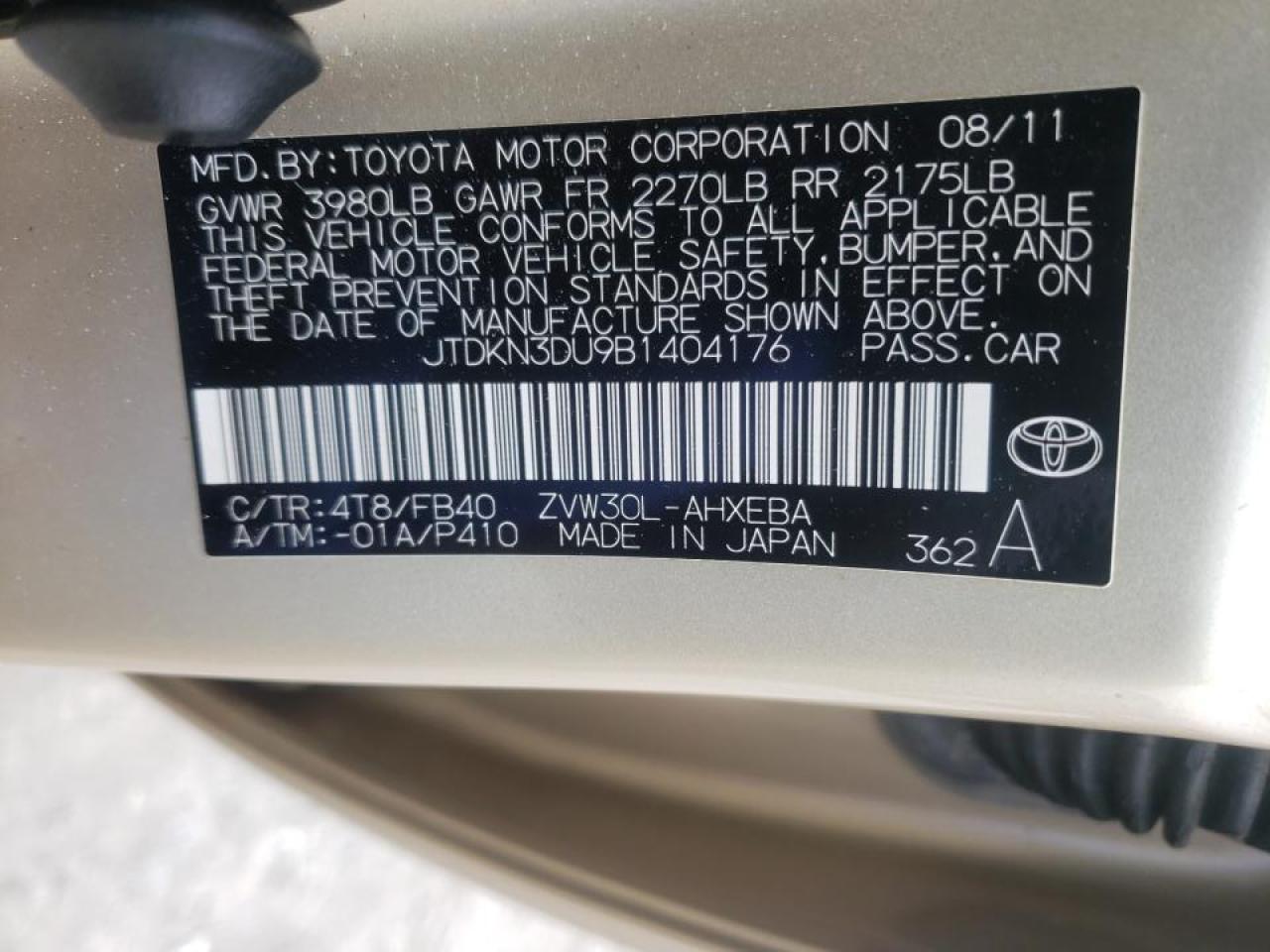 Zdjęcie 10 z aukcji – 2011 TOYOTA PRIUS z VIN JTDKN3DU9B1404176