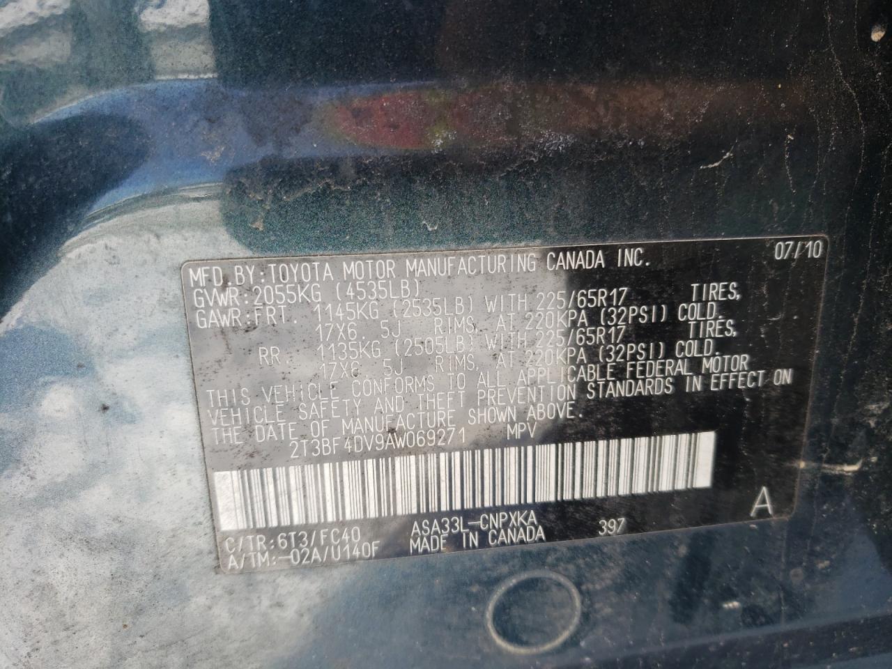 Photo 10 from auction – 2010 TOYOTA RAV4 with VIN 2T3BF4DV9AW069271
