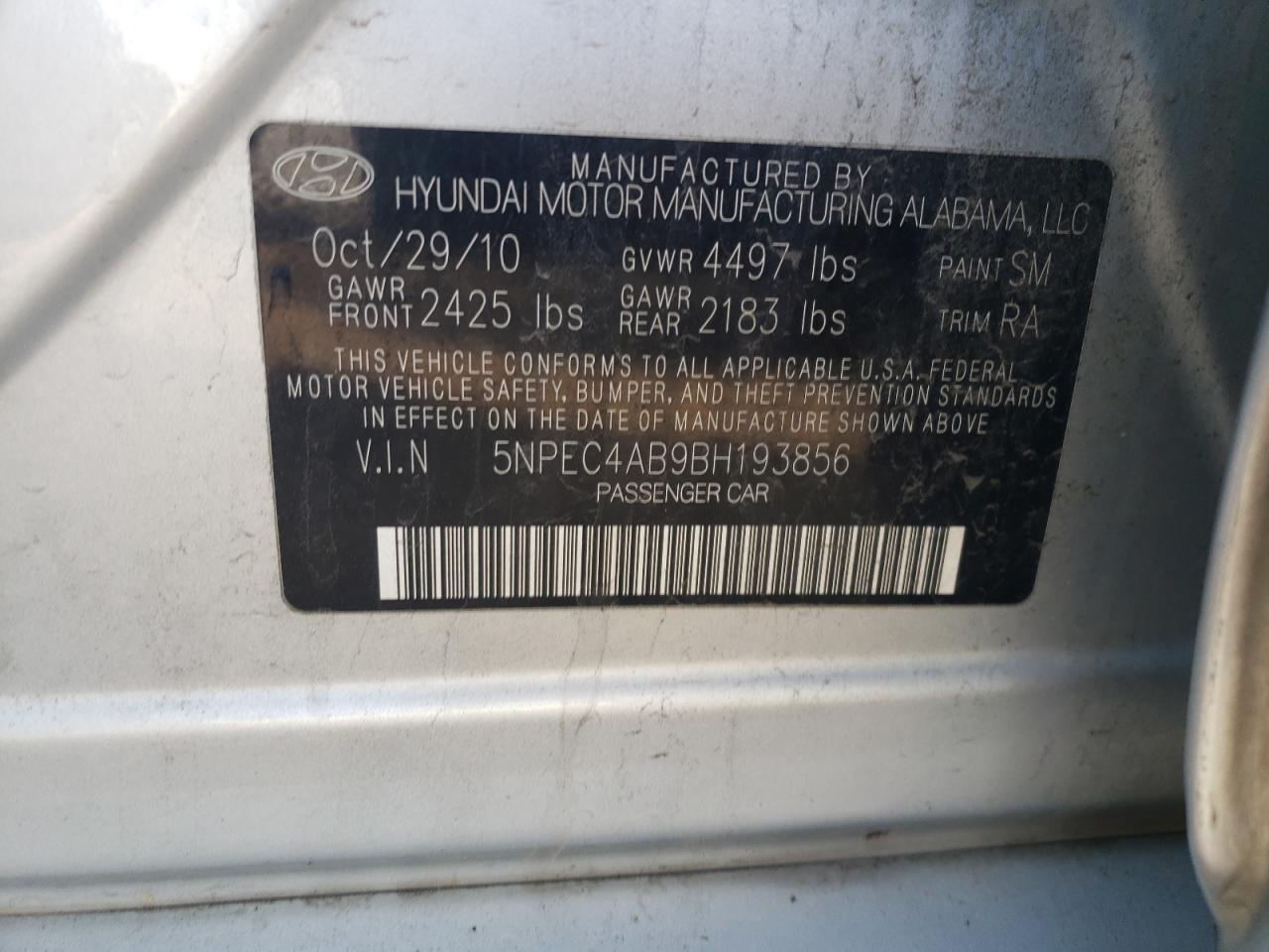 Photo 10 from auction – 2011 HYUNDAI SONATA SE with VIN 5NPEC4AB9BH193856