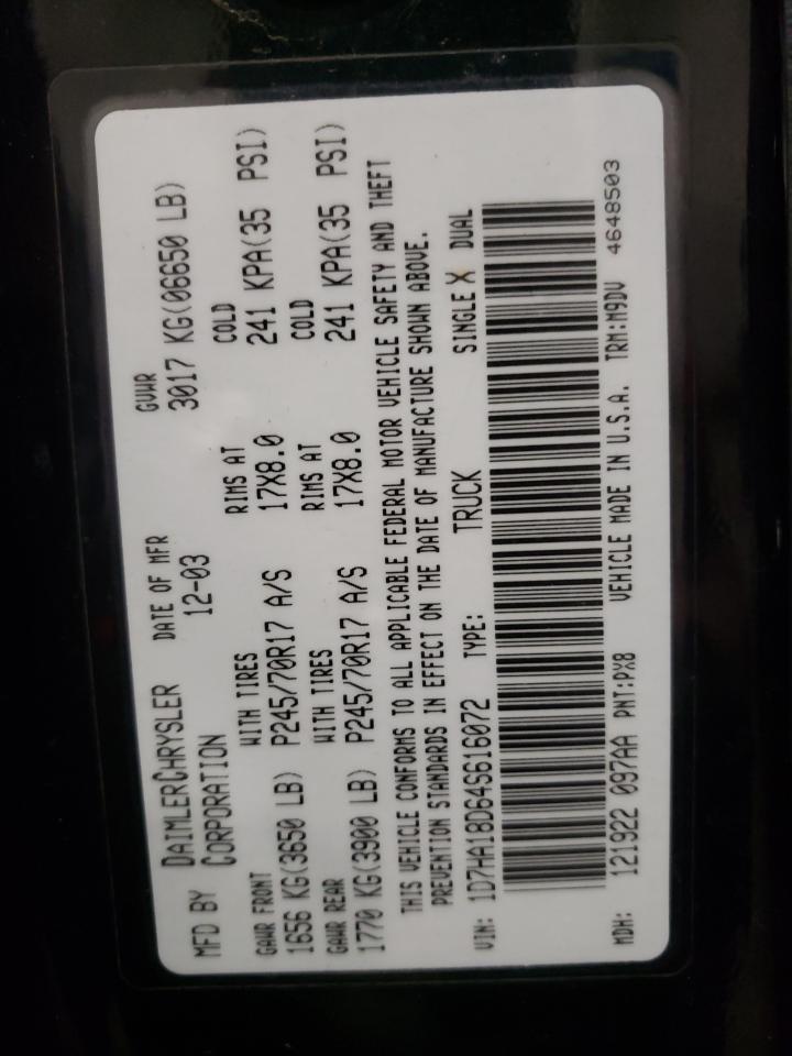 Photo 10 from auction – 2004 DODGE RAM 1500 S with VIN 1D7HA18D64S616072