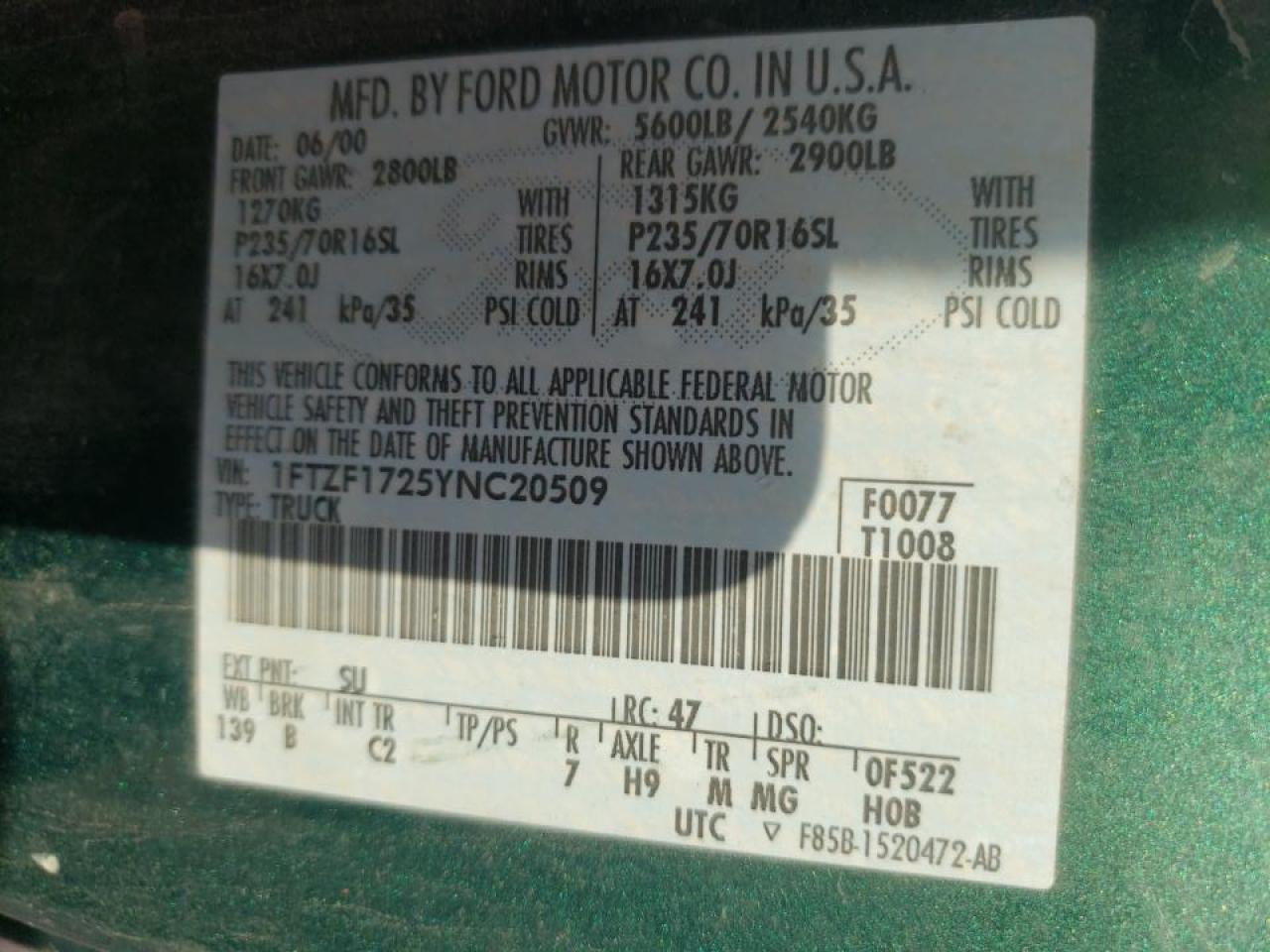Photo 10 from auction – 2000 FORD F150 with VIN 1FTZF1725YNC20509