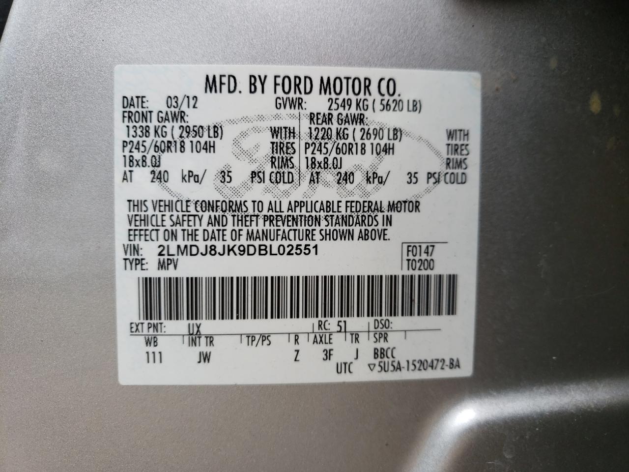 Photo 10 from auction – 2013 LINCOLN MKX with VIN 2LMDJ8JK9DBL02551