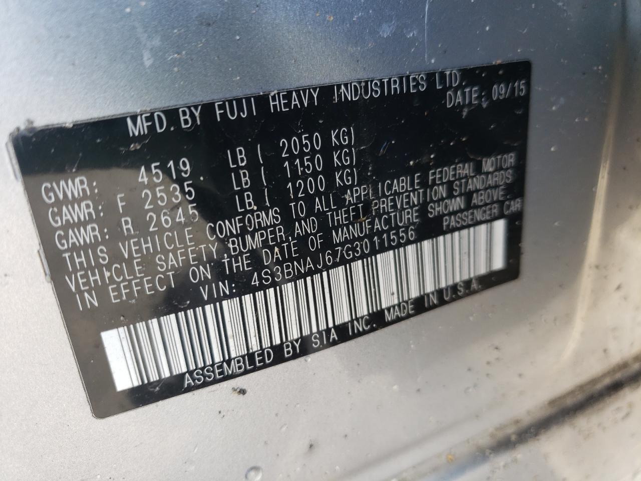 Photo 10 from auction – 2016 SUBARU LEGACY 2.5 with VIN 4S3BNAJ67G3011556