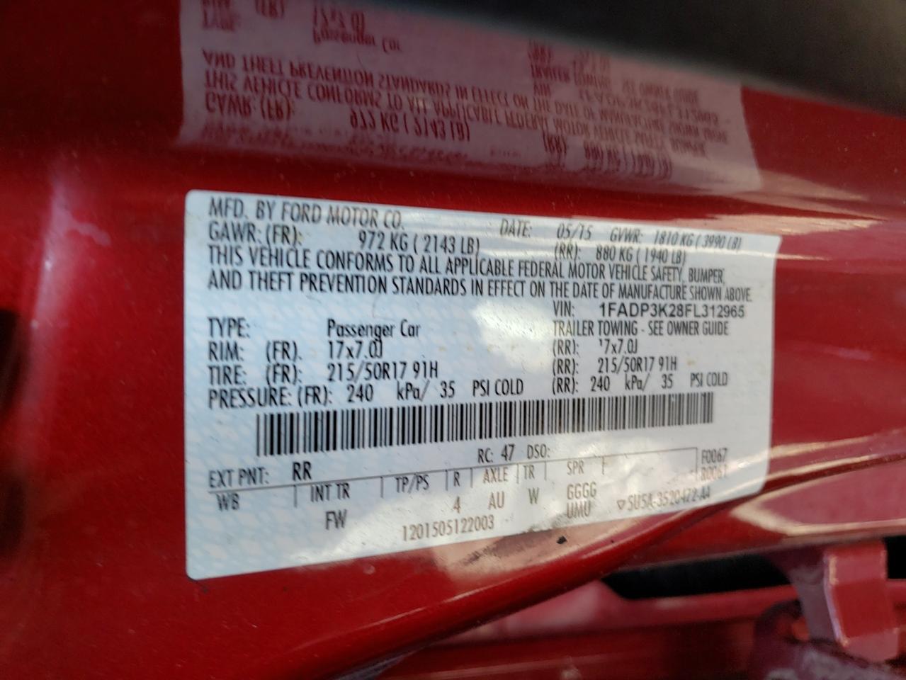 Photo 10 from auction – 2015 FORD FOCUS SE with VIN 1FADP3K28FL312965
