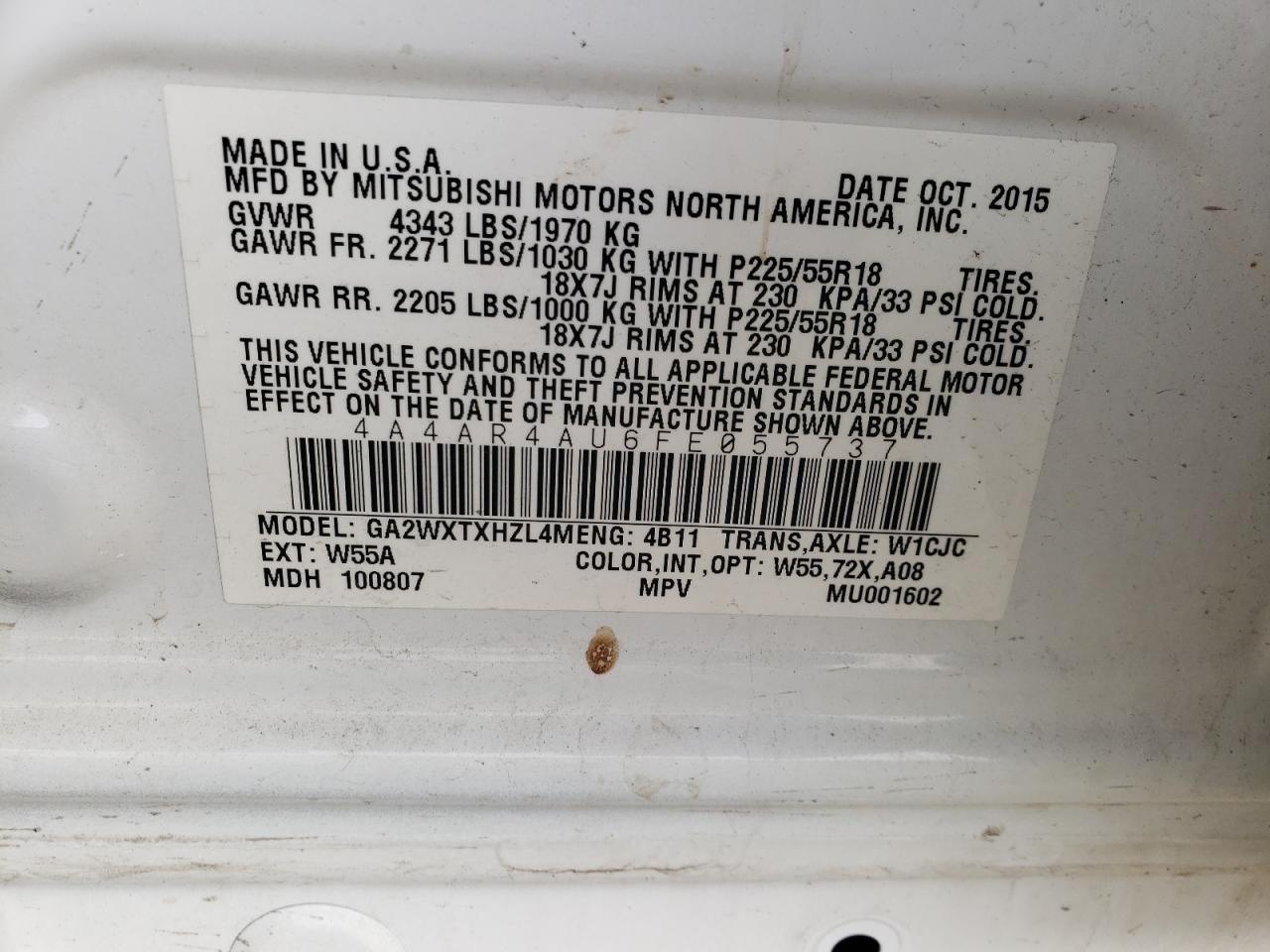 Zdjęcie 10 z aukcji – 2015 MITSUBISHI OUTLANDER z VIN 4A4AR4AU6FE055737