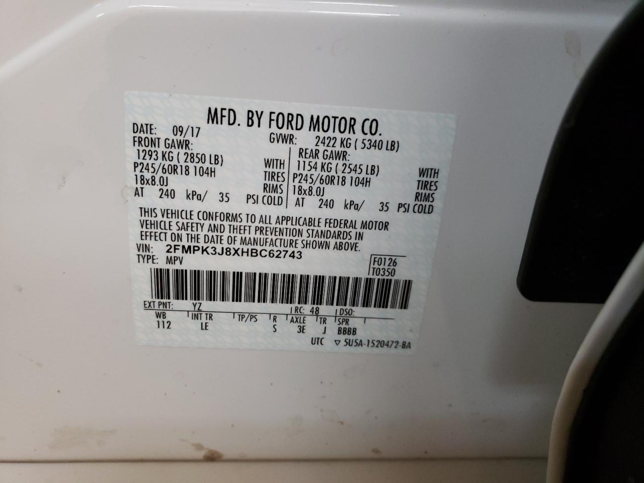 Photo 10 from auction – 2017 FORD EDGE SEL with VIN 2FMPK3J8XHBC62743