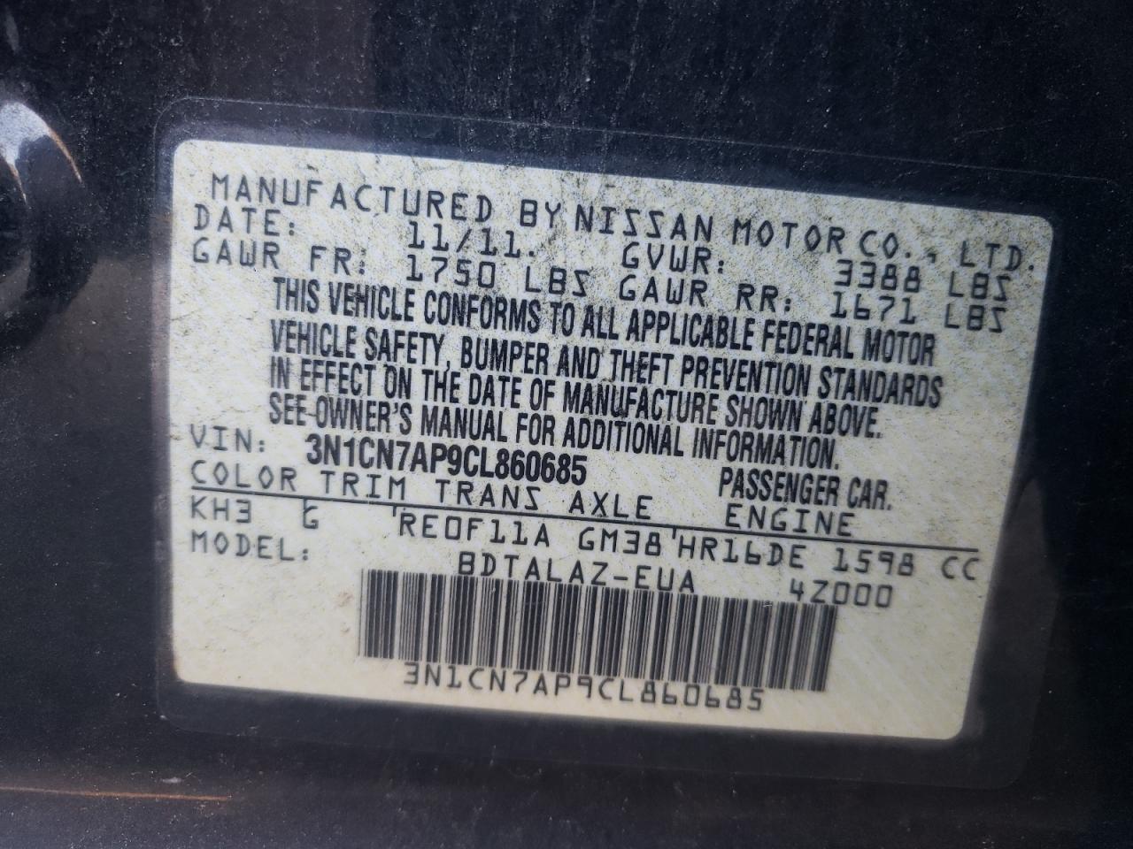 Photo 10 from auction – 2012 NISSAN VERSA S with VIN 3N1CN7AP9CL860685