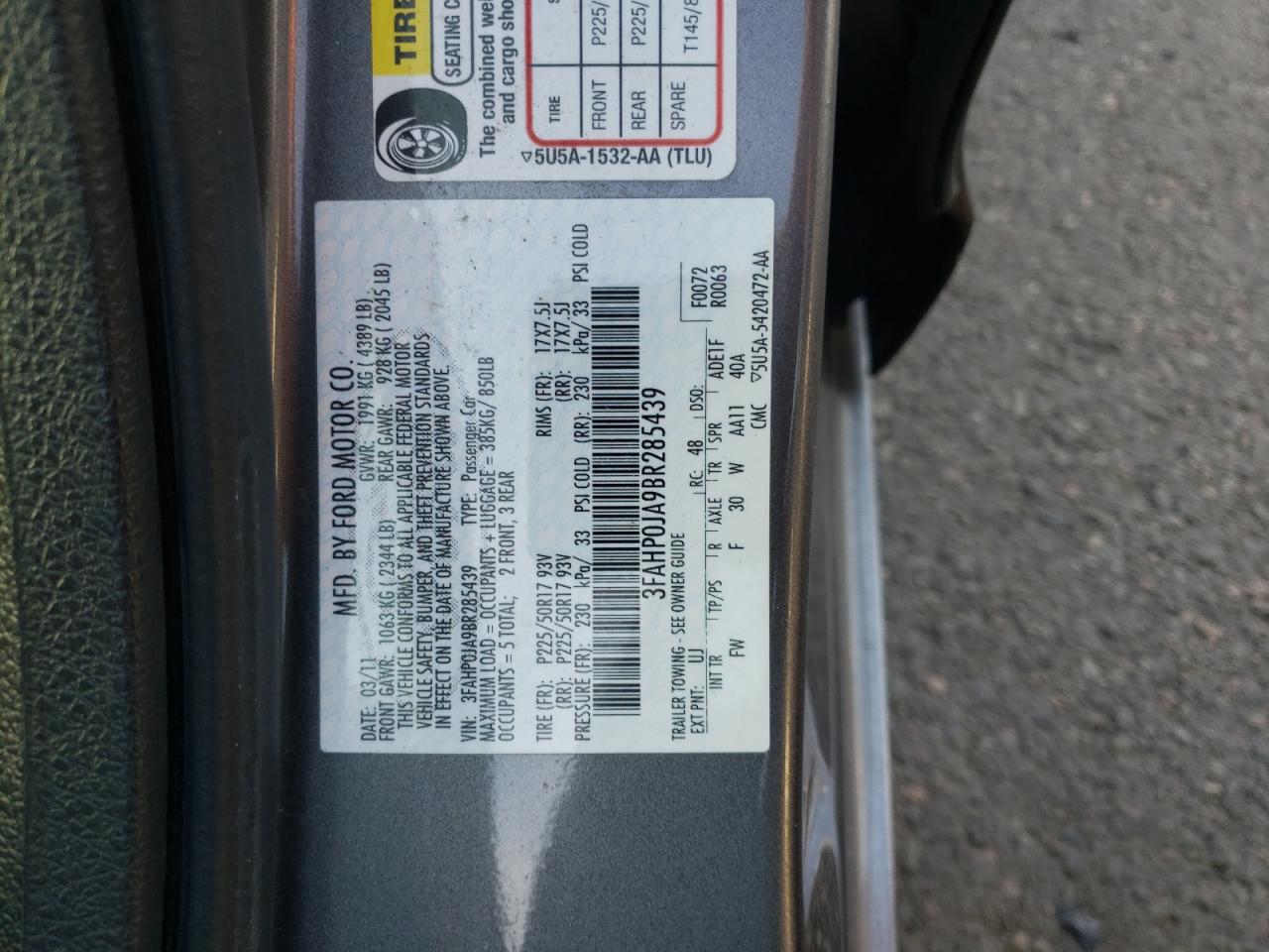 Photo 10 from auction – 2011 FORD FUSION SEL with VIN 3FAHP0JA9BR285439