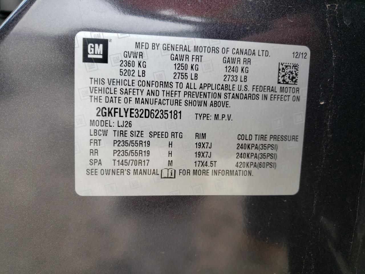 Photo 10 from auction – 2013 GMC TERRAIN DE with VIN 2GKFLYE32D6235181