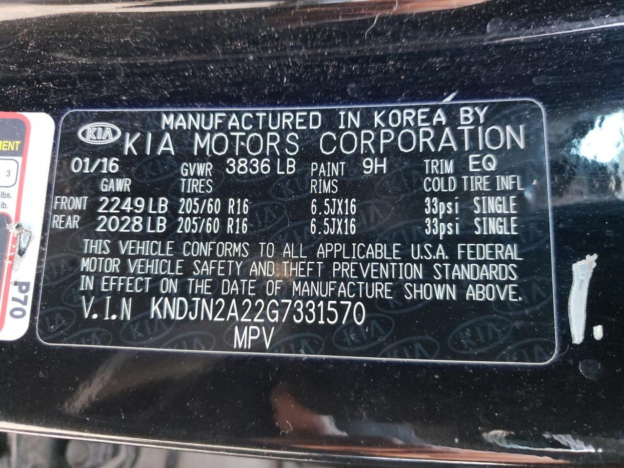 Photo 10 from auction – 2016 KIA SOUL with VIN KNDJN2A22G7331570