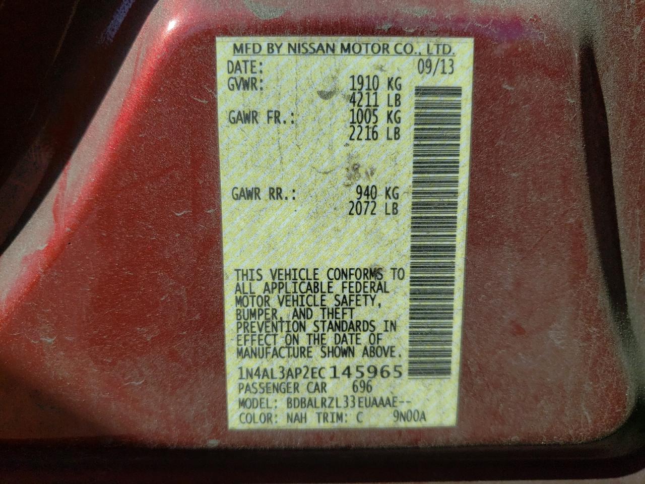 Photo 10 from auction – 2014 NISSAN ALTIMA 2.5 with VIN 1N4AL3AP2EC145965