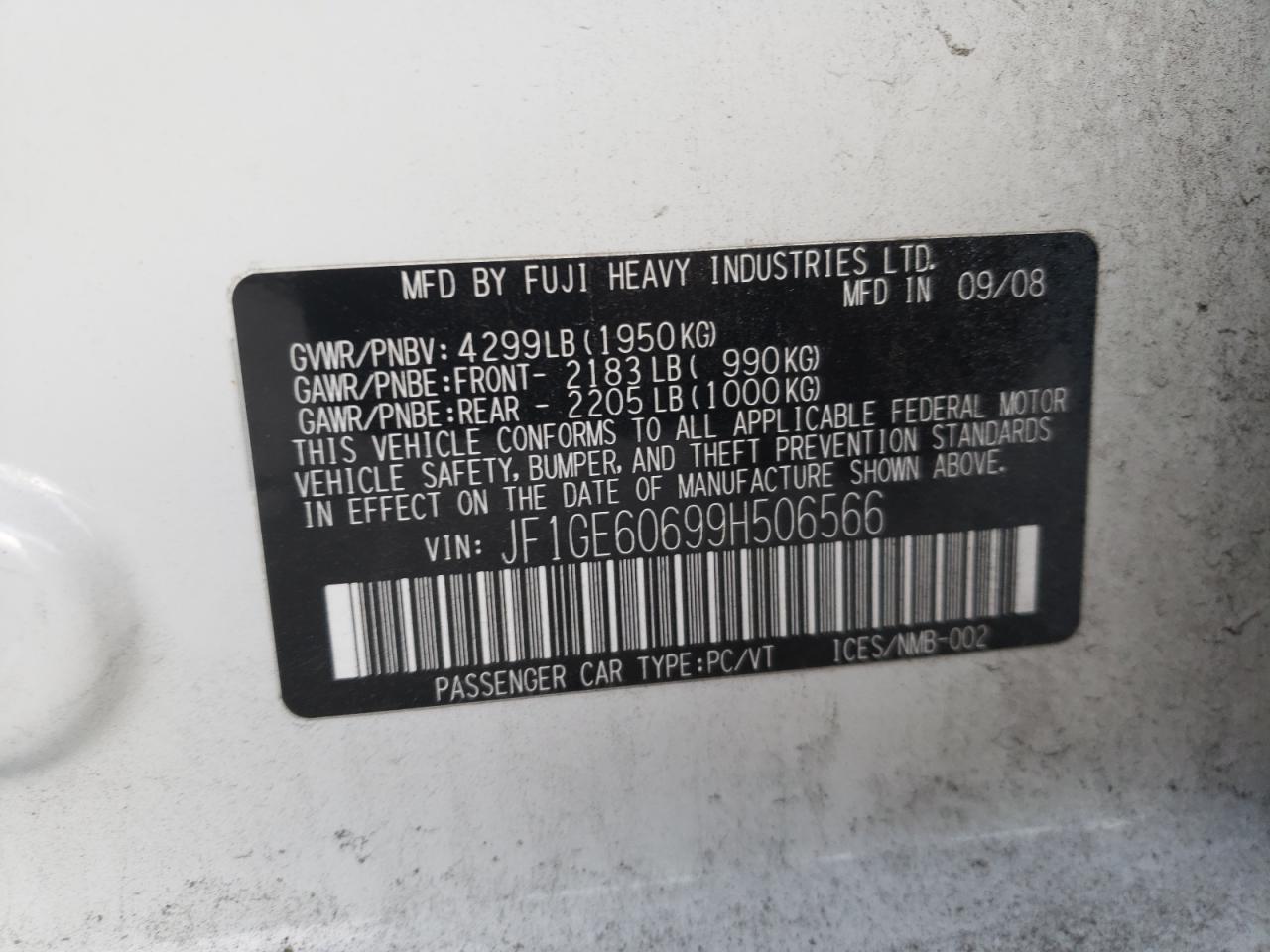 Фото 10 с аукциона – 2009 SUBARU IMPREZA 2. с VIN JF1GE60699H506566