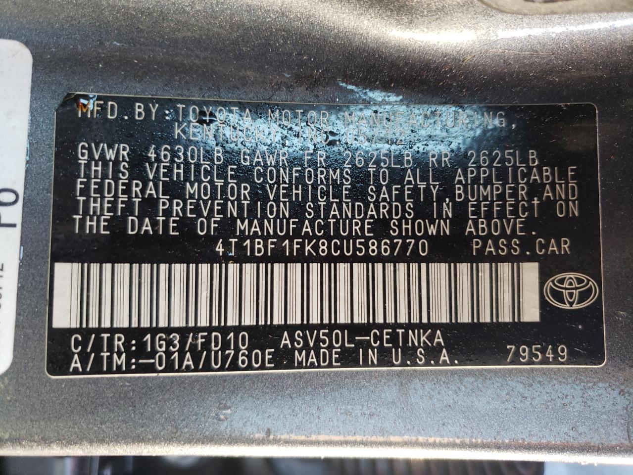 Photo 10 from auction – 2012 TOYOTA CAMRY BASE with VIN 4T1BF1FK8CU586770