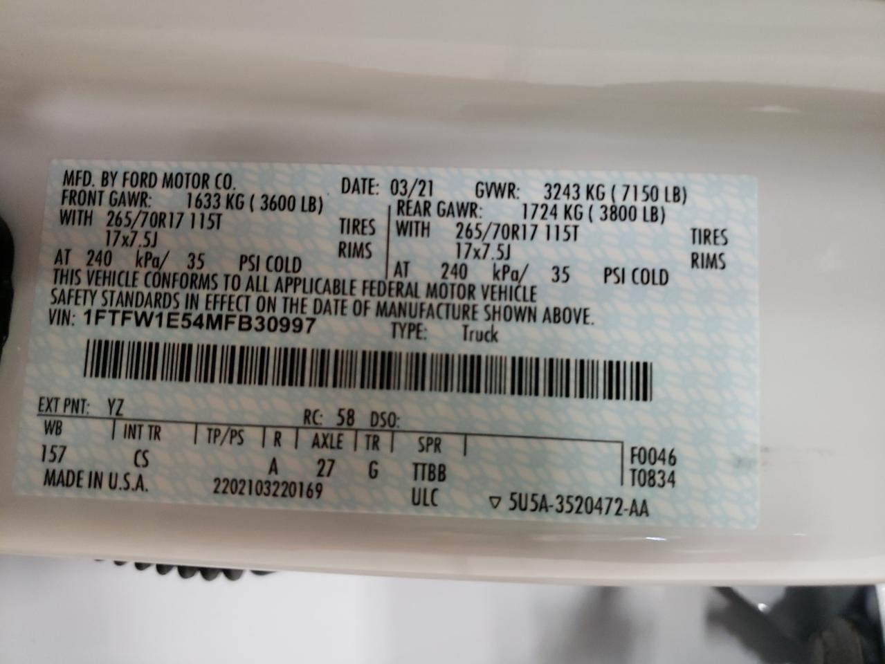 Photo 10 from auction – 2021 FORD F150 SUPER with VIN 1FTFW1E54MFB30997