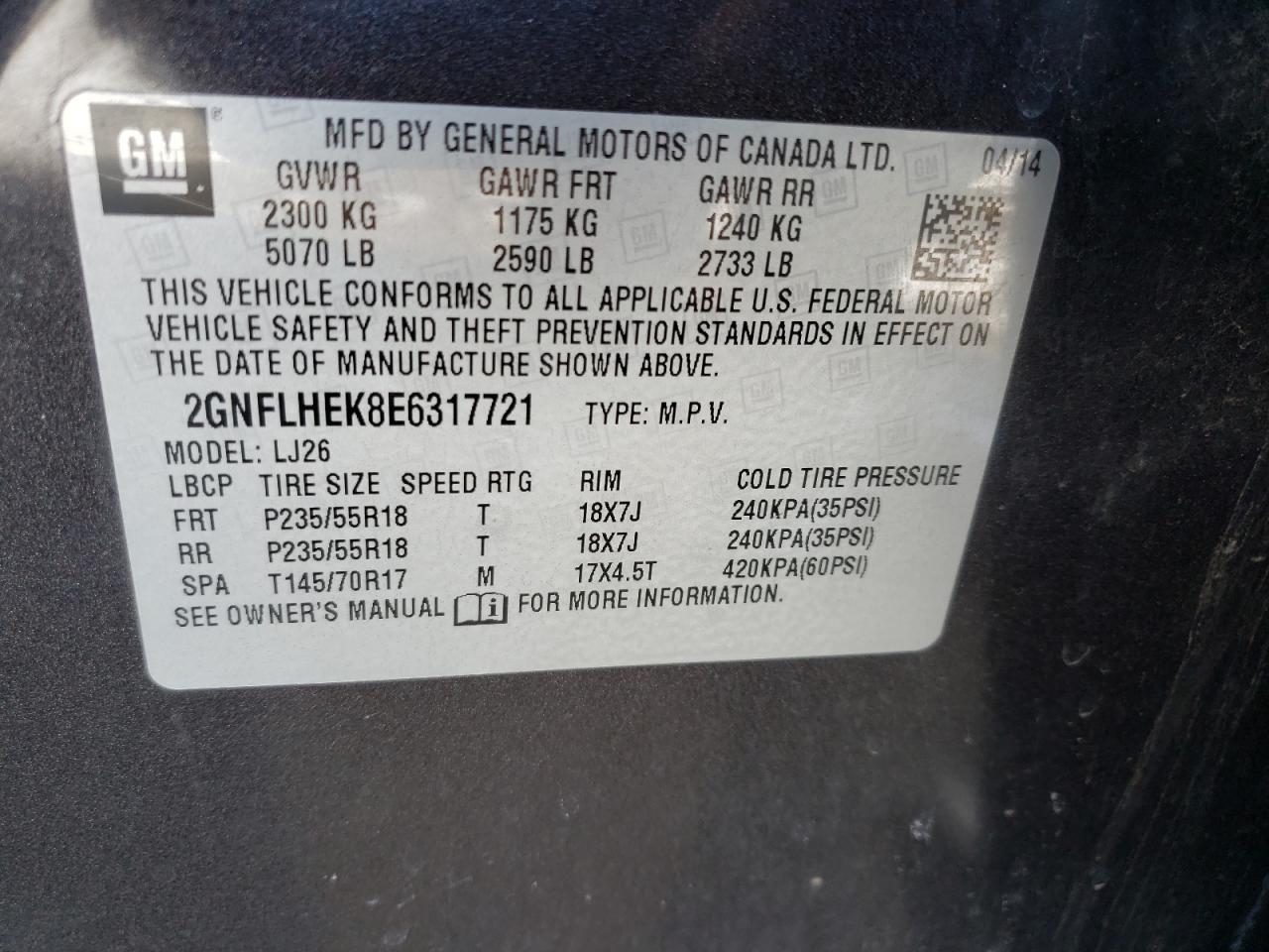 Photo 10 from auction – 2014 CHEVROLET EQUINOX LT with VIN 2GNFLHEK8E6317721