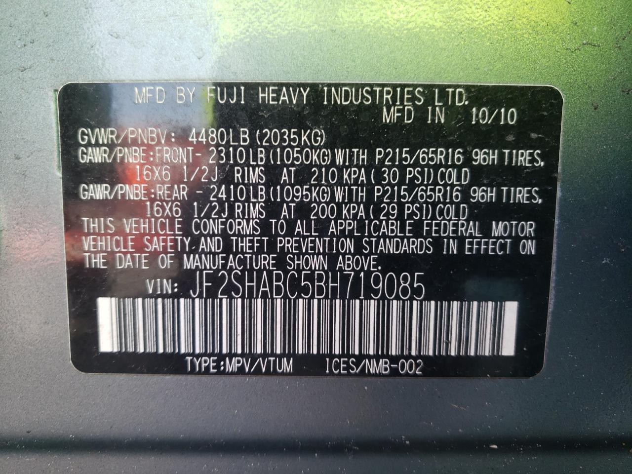 Photo 10 from auction – 2011 SUBARU FORESTER 2 with VIN JF2SHABC5BH719085