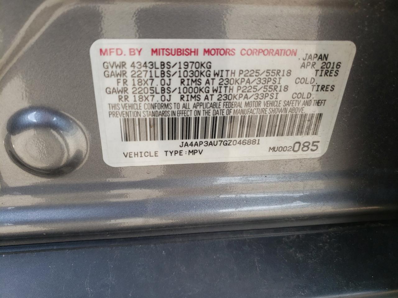 Photo 10 from auction – 2016 MITSUBISHI OUTLANDER with VIN JA4AP3AU7GZ046881