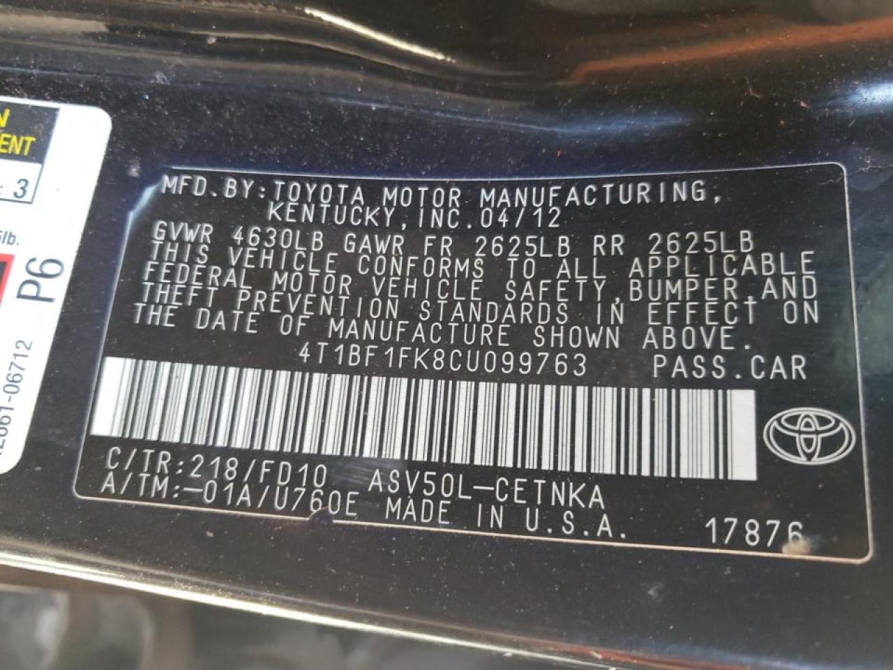 Photo 10 from auction – 2012 TOYOTA CAMRY BASE with VIN 4T1BF1FK8CU099763