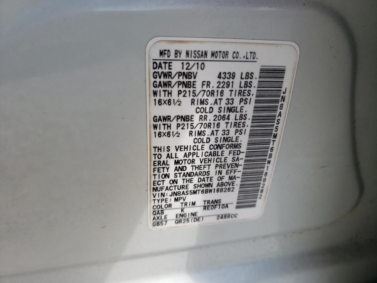 Photo 10 from auction – 2011 NISSAN ROGUE S with VIN JN8AS5MT6BW168262