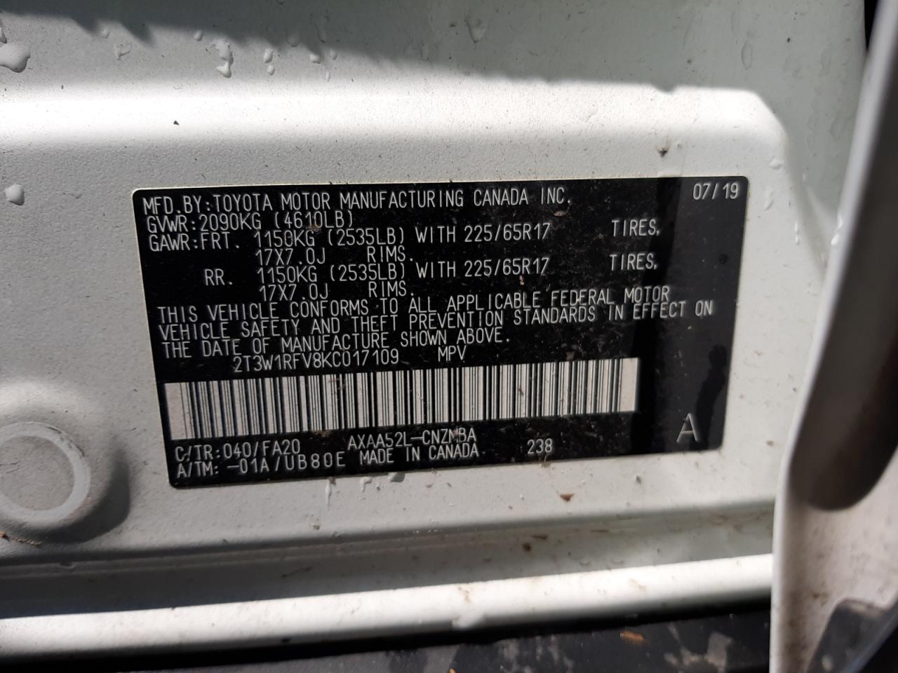 Photo 10 from auction – 2019 TOYOTA RAV4 XLE with VIN 2T3W1RFV8KC017109