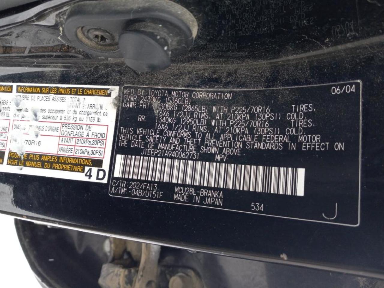 Photo 10 from auction – 2004 TOYOTA HIGHLANDER with VIN JTEEP21A940062731