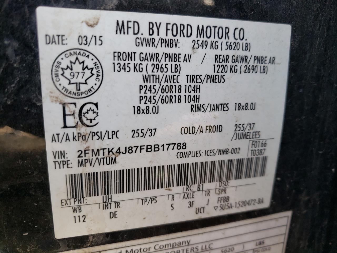 Photo 10 from auction – 2015 FORD EDGE SEL with VIN 2FMTK4J87FBB17788