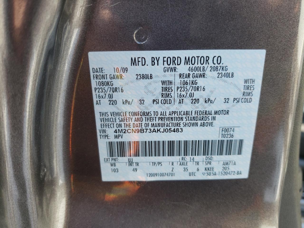 Photo 10 from auction – 2010 MERCURY MARINER with VIN 4M2CN9B73AKJ05483