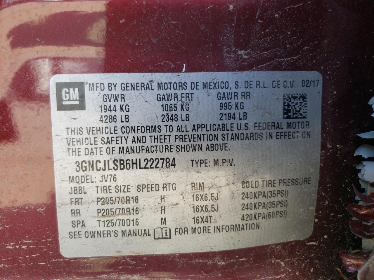 Photo 10 from auction – 2017 CHEVROLET TRAX 1LT with VIN 3GNCJLSB6HL222784
