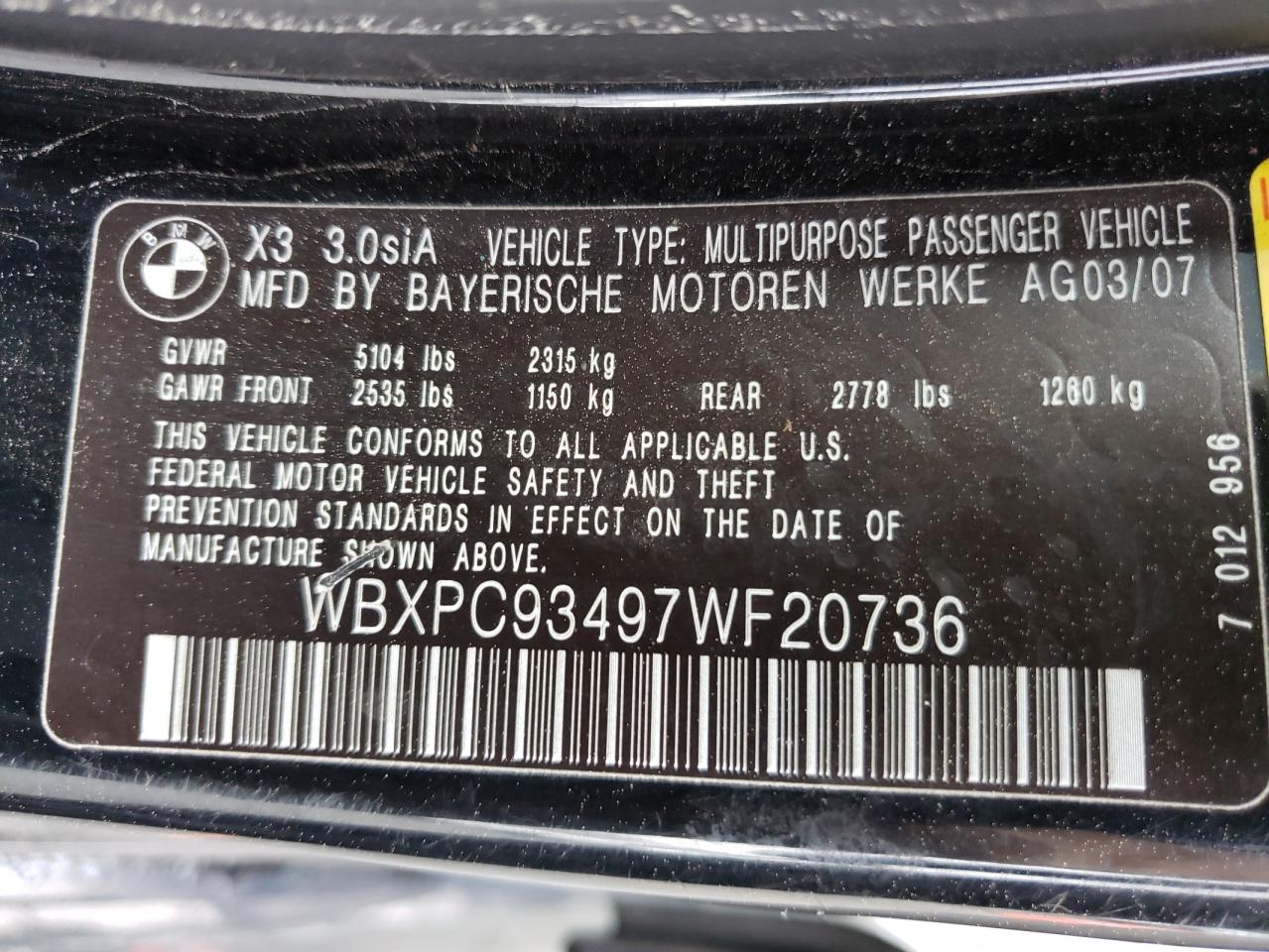 Photo 10 from auction – 2007 BMW X3 3.0SI with VIN WBXPC93497WF20736