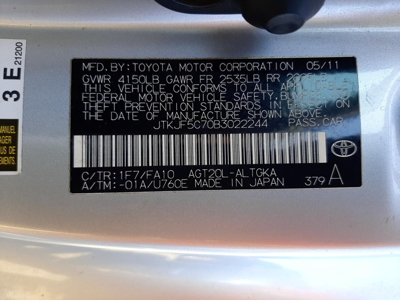 Photo 10 from auction – 2011 TOYOTA SCION TC with VIN JTKJF5C70B3022244