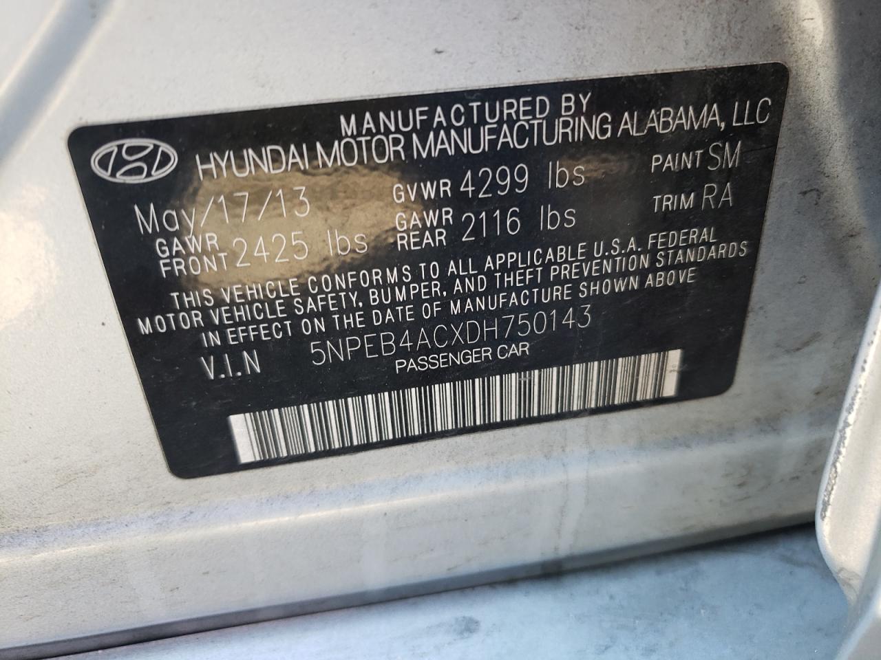 Photo 10 from auction – 2013 HYUNDAI SONATA GLS with VIN 5NPEB4ACXDH750143