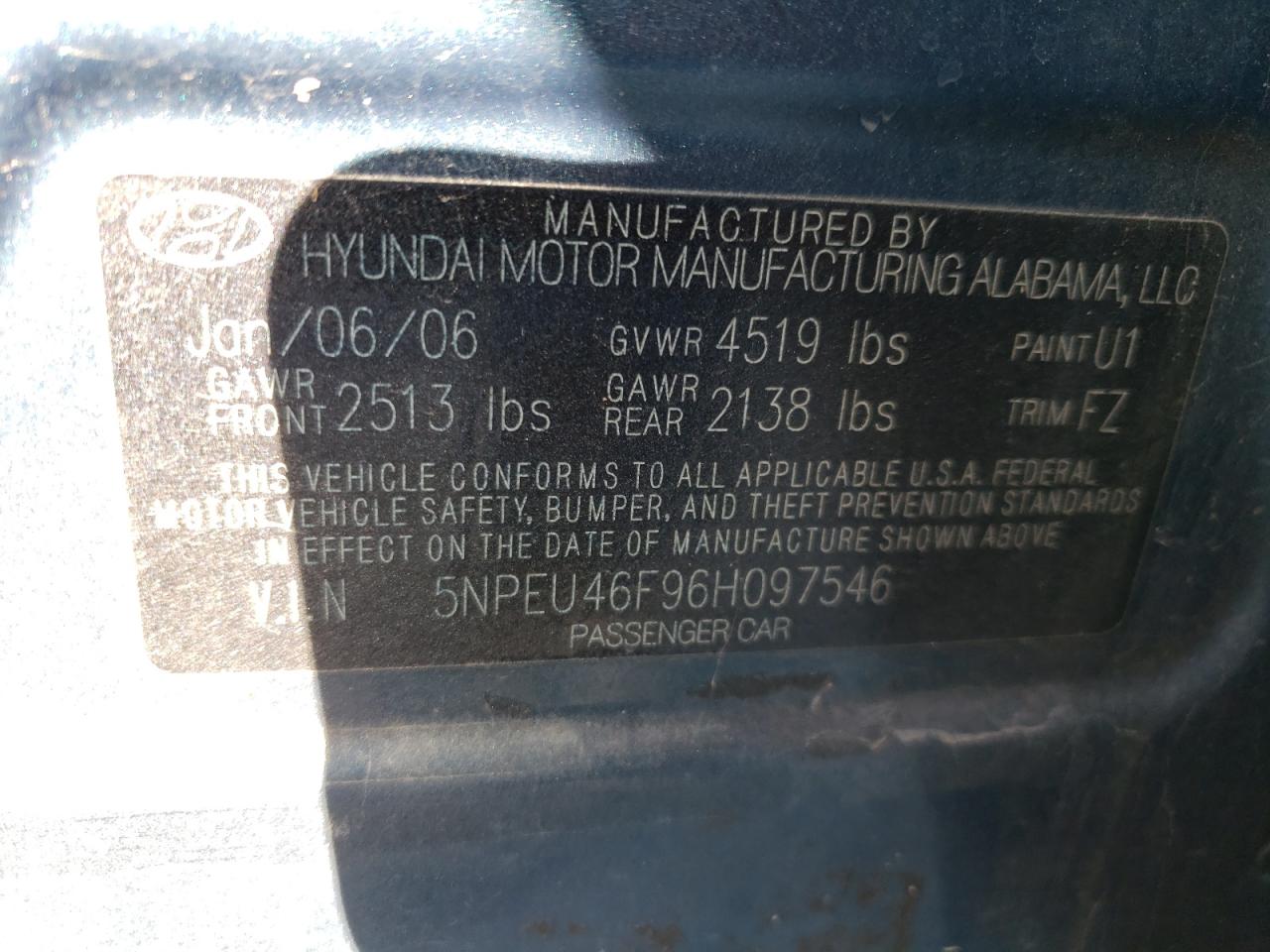 Photo 10 from auction – 2006 HYUNDAI SONATA GLS with VIN 5NPEU46F96H097546