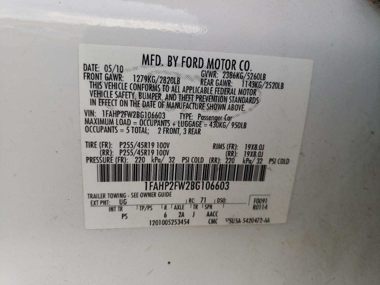 Photo 10 from auction – 2011 FORD TAURUS LIM with VIN 1FAHP2FW2BG106603