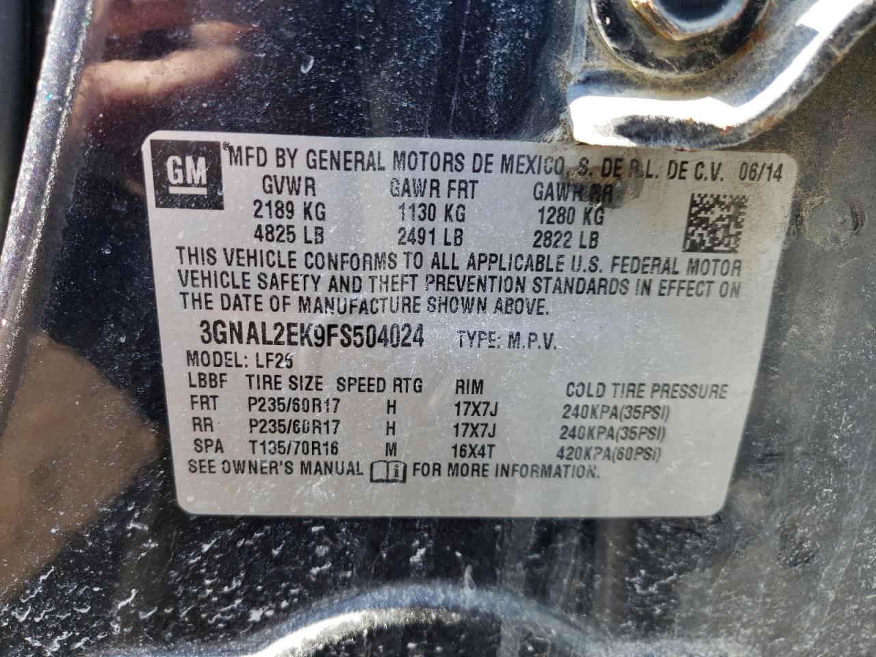 Photo 10 from auction – 2015 CHEVROLET CAPTIVA LS with VIN 3GNAL2EK9FS504024