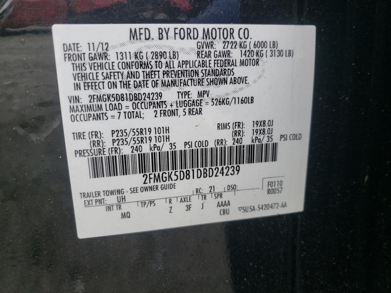 Photo 10 from auction – 2013 FORD FLEX LIMIT with VIN 2FMGK5D81DBD24239