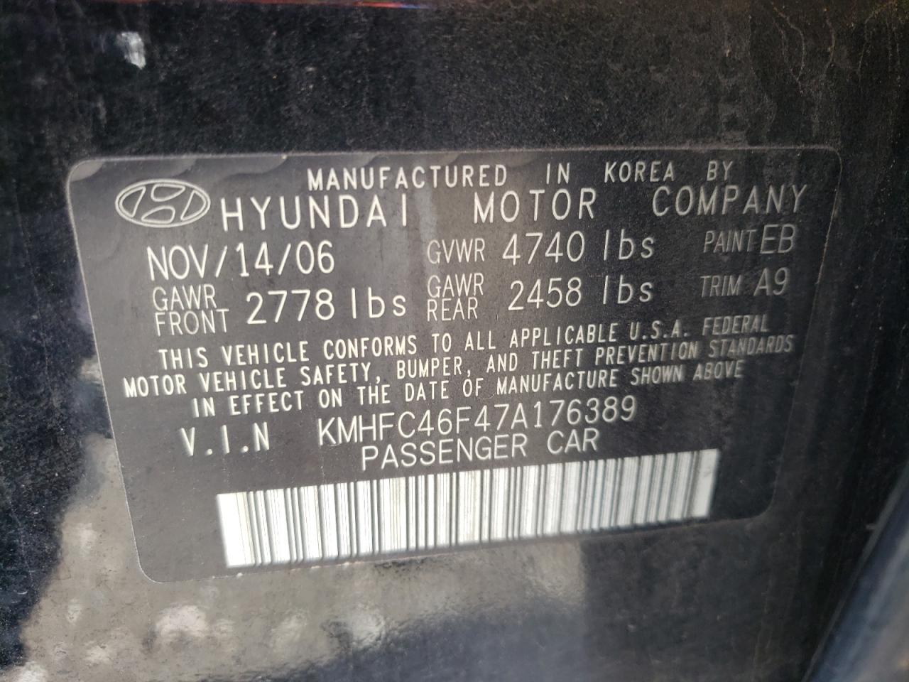Photo 10 from auction – 2007 HYUNDAI AZERA SE with VIN KMHFC46F47A176389