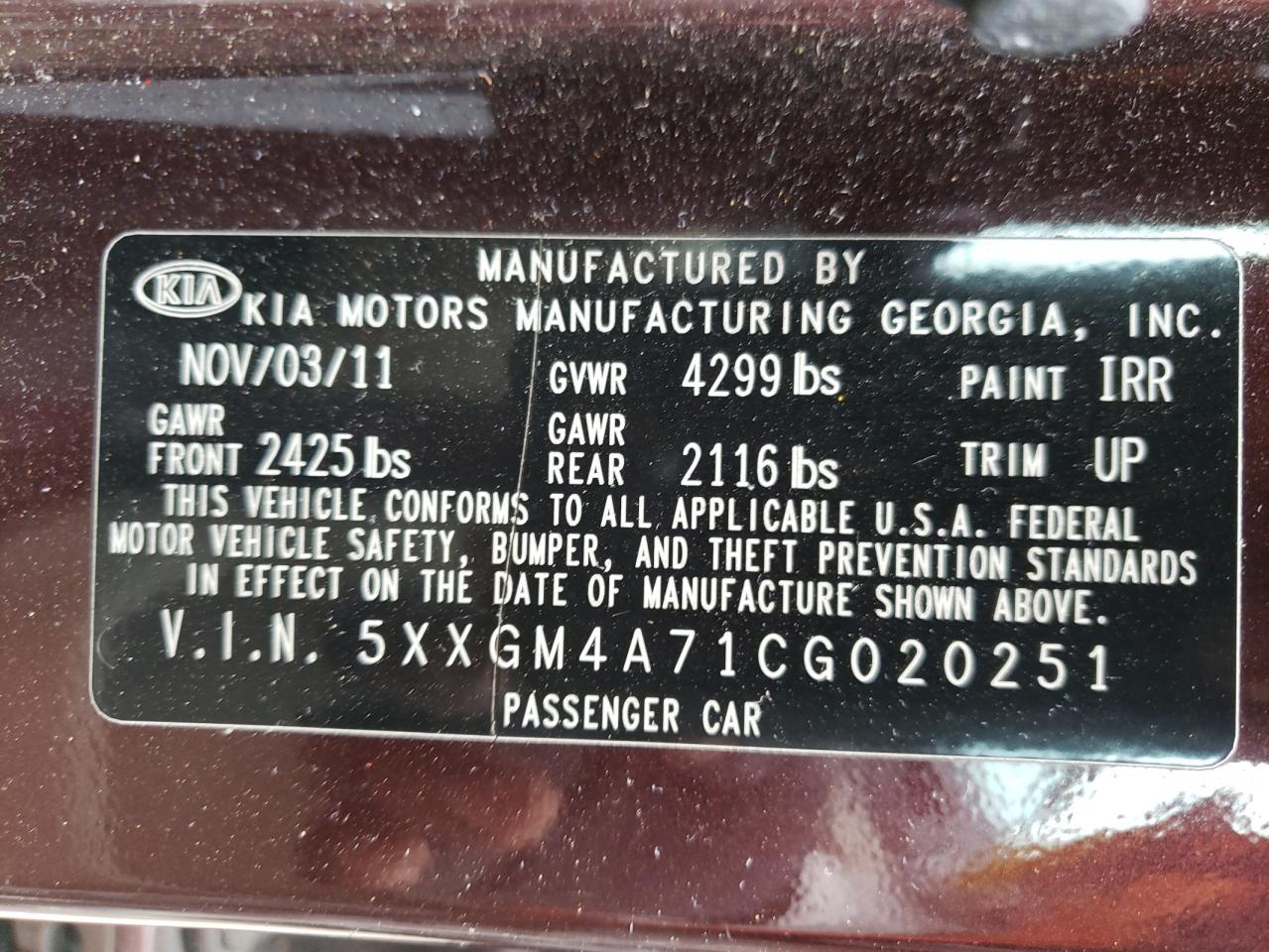 Photo 10 from auction – 2012 KIA OPTIMA LX with VIN 5XXGM4A71CG020251
