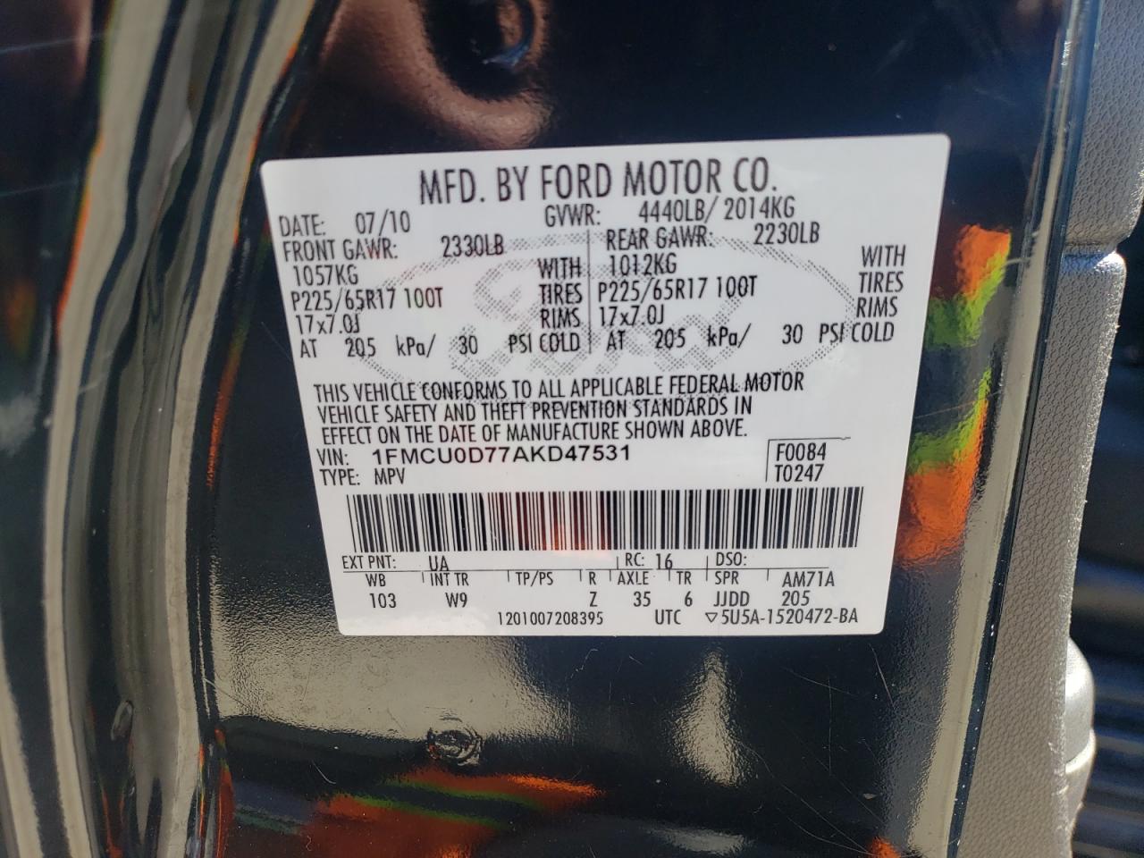 Photo 10 from auction – 2010 FORD ESCAPE XLT with VIN 1FMCU0D77AKD47531