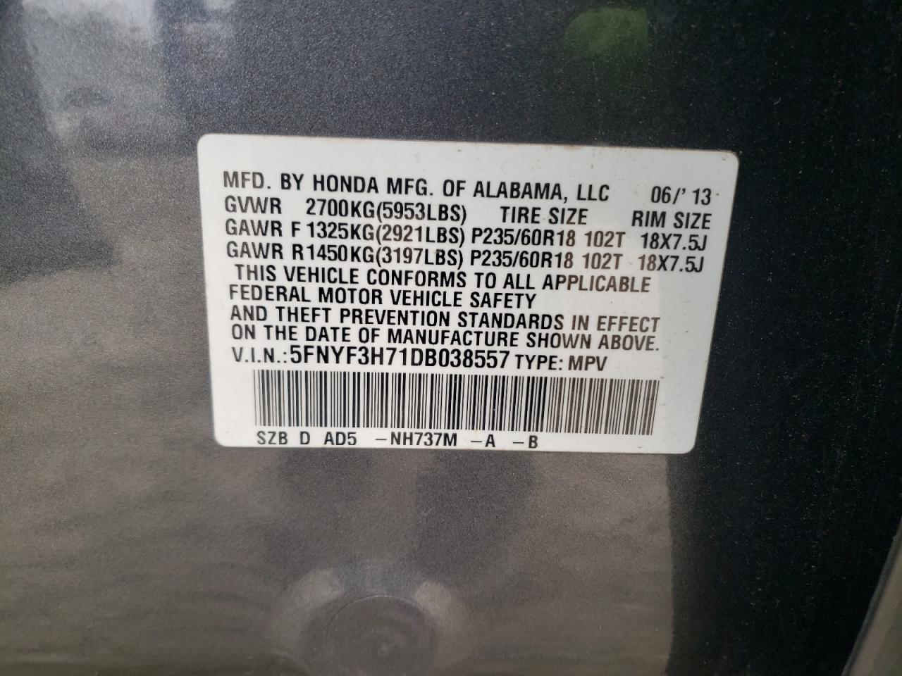 Photo 10 from auction – 2013 HONDA PILOT EXLN with VIN 5FNYF3H71DB038557