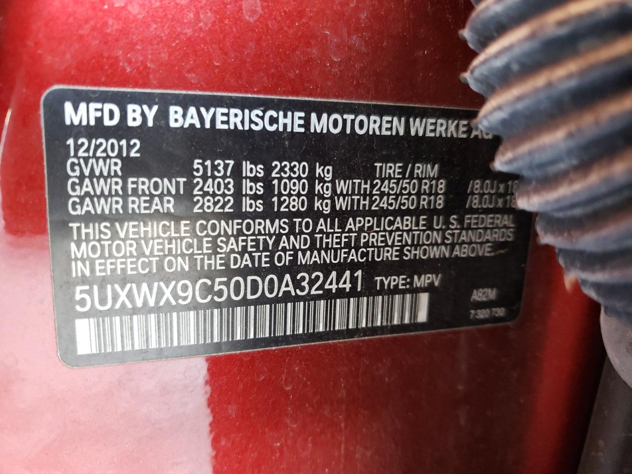 Photo 10 from auction – 2013 BMW X3 XDRIVE2 with VIN 5UXWX9C50D0A32441