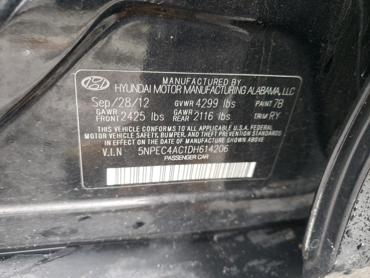 Photo 10 from auction – 2013 HYUNDAI SONATA SE with VIN 5NPEC4AC1DH614206