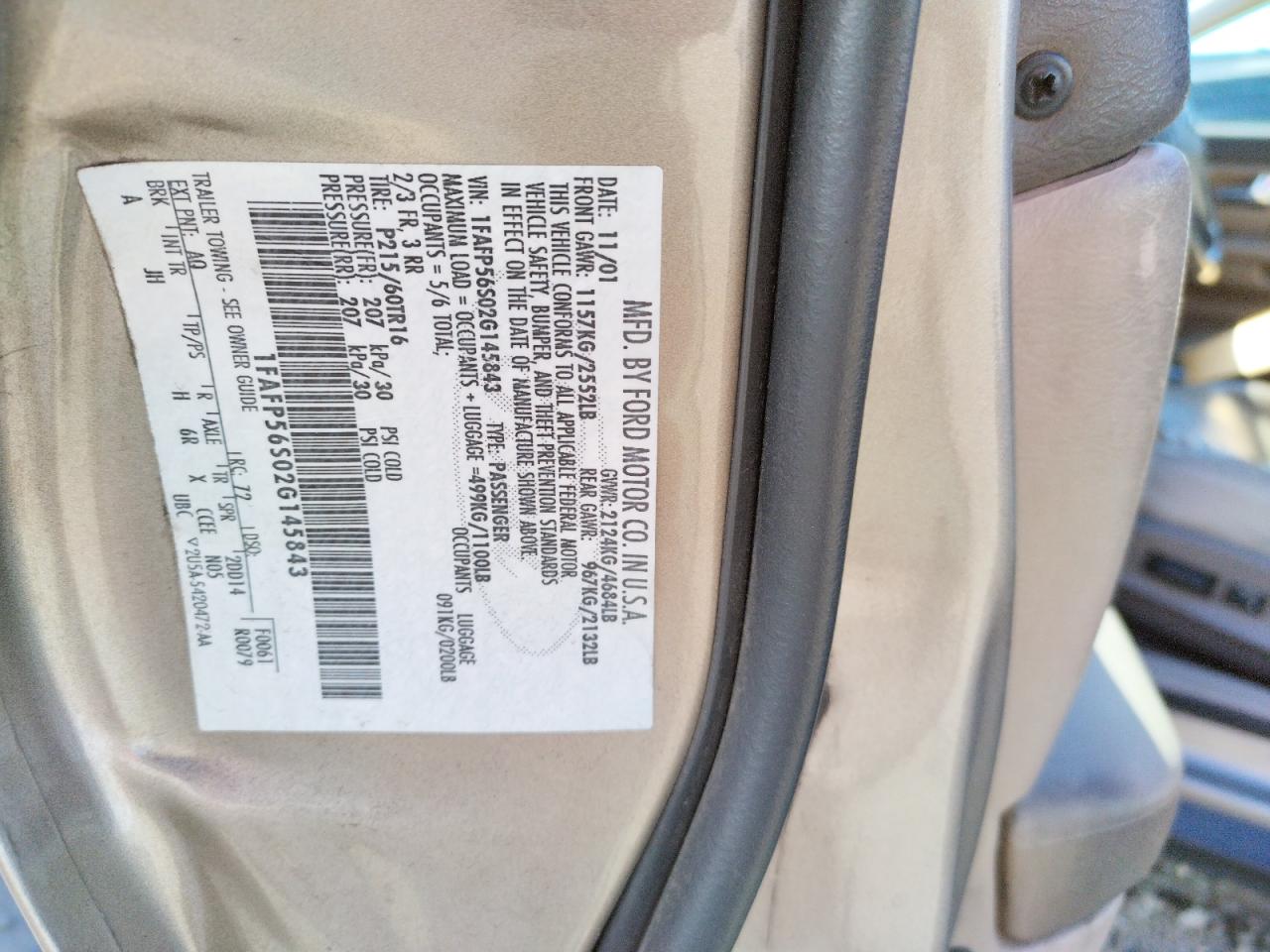 Photo 10 from auction – 2002 FORD TAURUS SEL with VIN 1FAFP56S02G145843