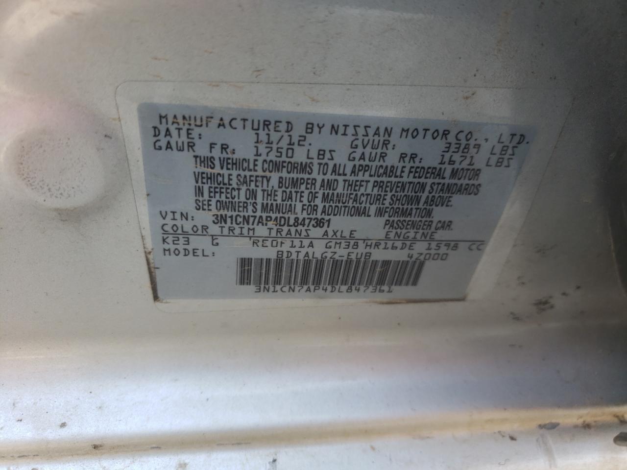 Photo 10 from auction – 2013 NISSAN VERSA S with VIN 3N1CN7AP4DL847361