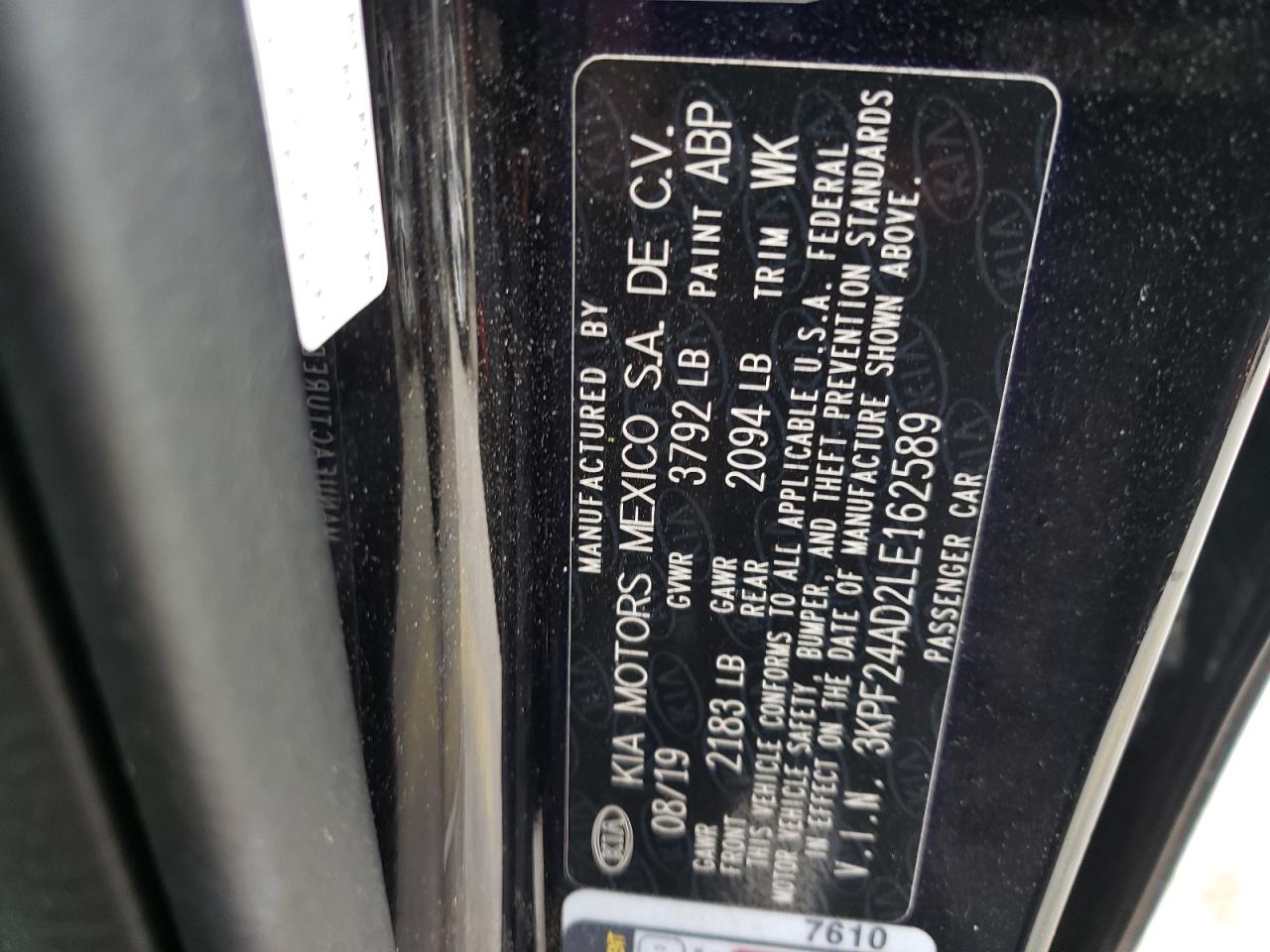 Photo 10 from auction – 2020 KIA FORTE FE with VIN 3KPF24AD2LE162589