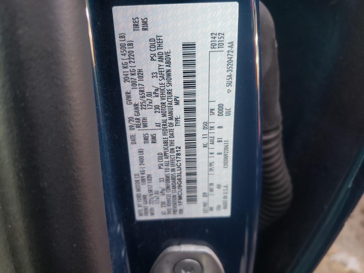 Photo 10 from auction – 2020 FORD ESCAPE SE with VIN 1FMCU9G63LUC17812