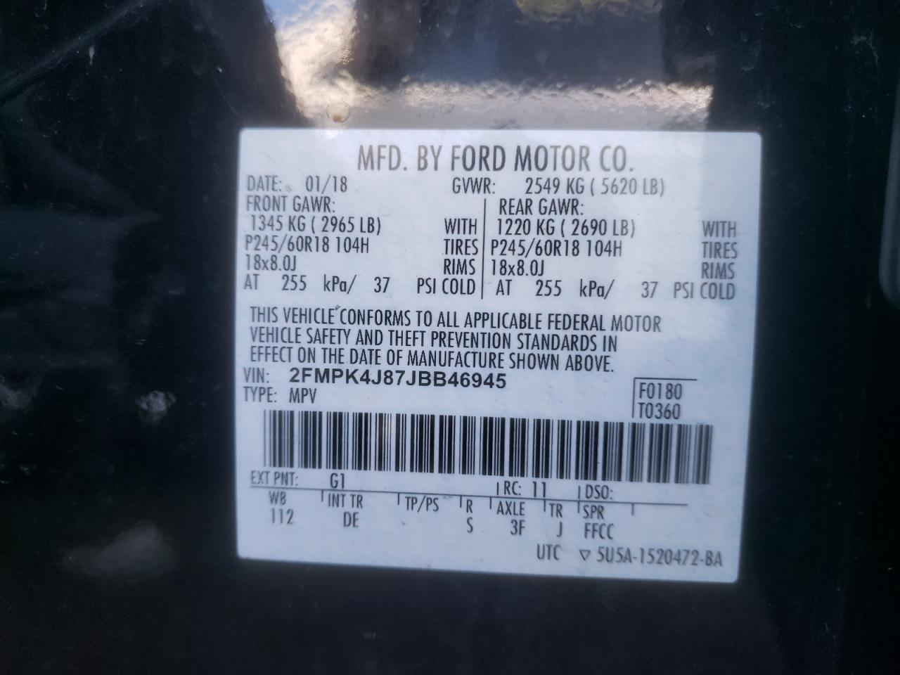 Photo 10 from auction – 2018 FORD EDGE SEL with VIN 2FMPK4J87JBB46945