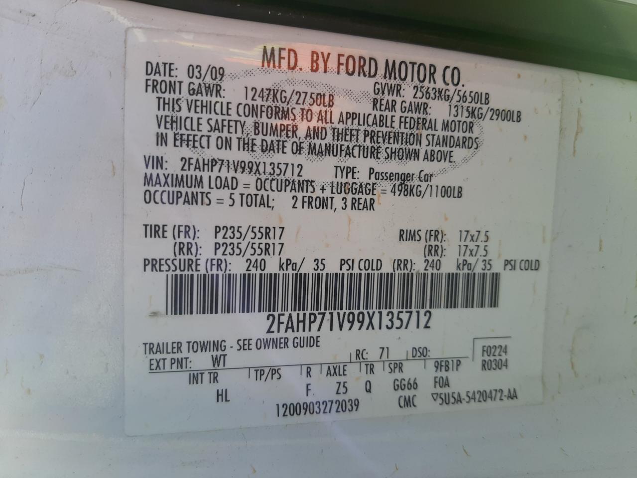 Photo 10 from auction – 2009 FORD CROWN VICT with VIN 2FAHP71V99X135712