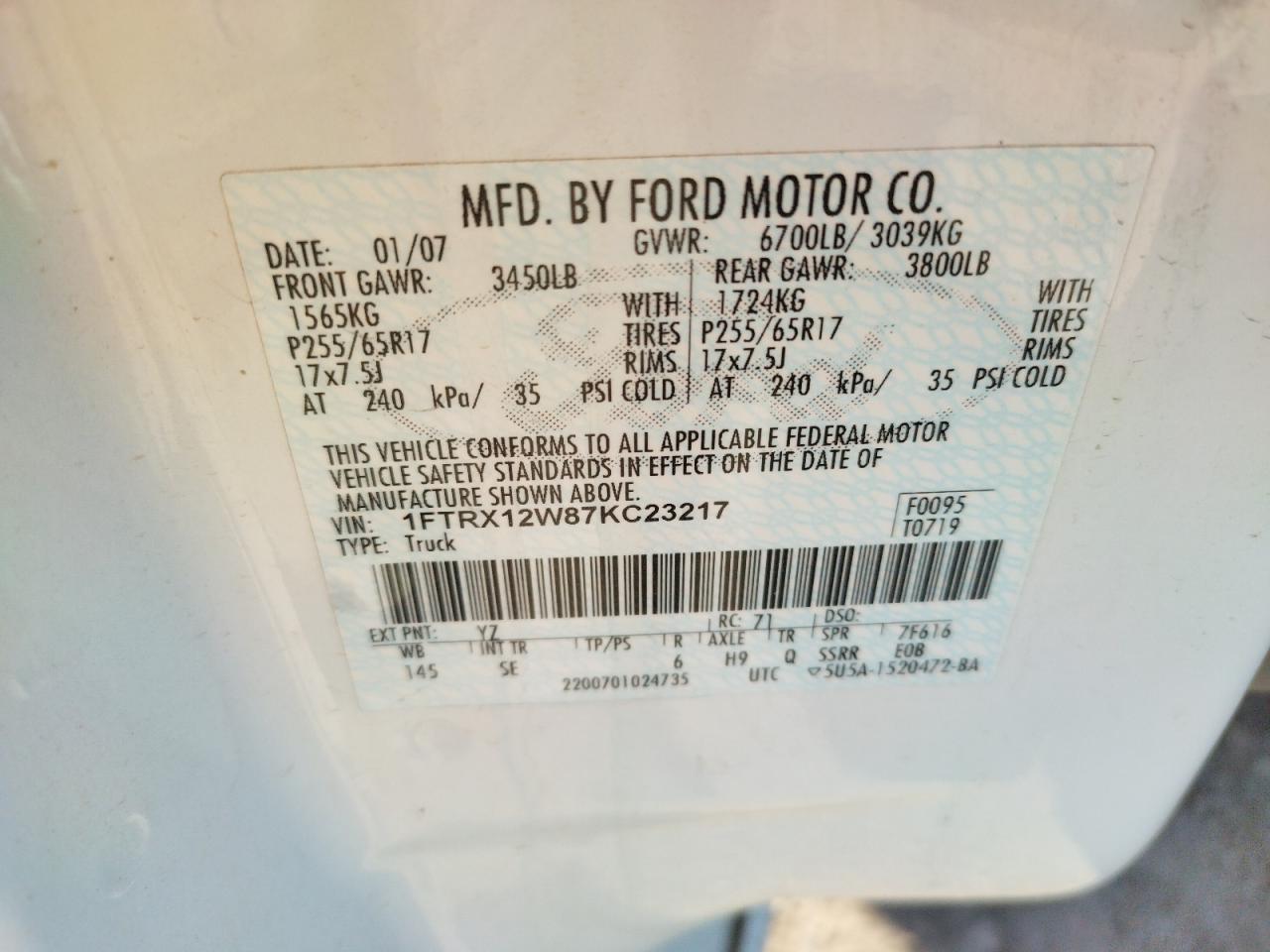 صورة رقم 10 من المزاد - 2007 FORD F150 مع VIN 1FTRX12W87KC23217